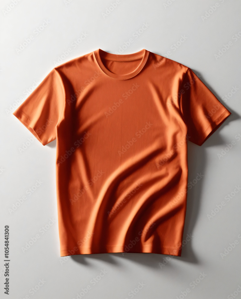 A orange T-shirt is the main focus of this commercial photo.