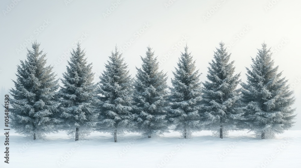 Row of snow-covered pine trees in winter landscape
