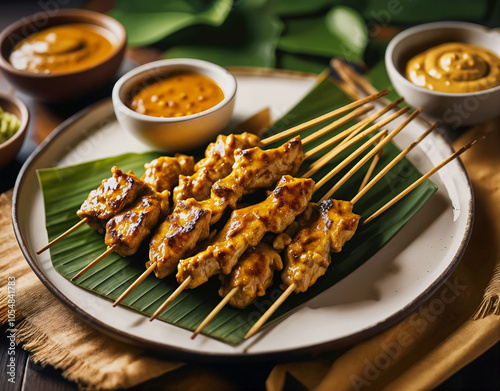 Indonesian cuisine : Chicken satay, grilled chicken with peanut sauce photo