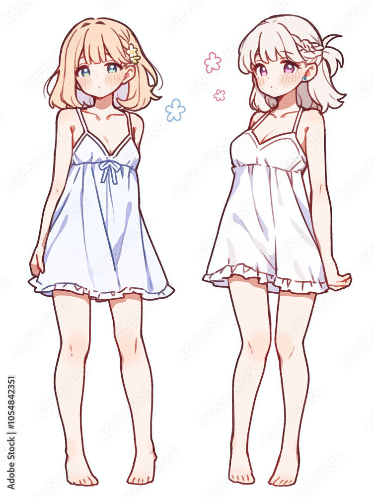 Cute Anime Girls in White Dresses Illustration Cute Anime Girls in White Dresses Illustration