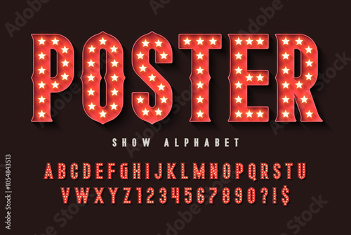 Retro circus alphabet design, cabaret, fairy LED lamps letters and numbers.