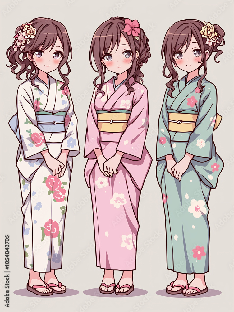 Three Adorable Anime Girls in Traditional Kimonos Three Adorable Anime Girls in Traditional Kimonos