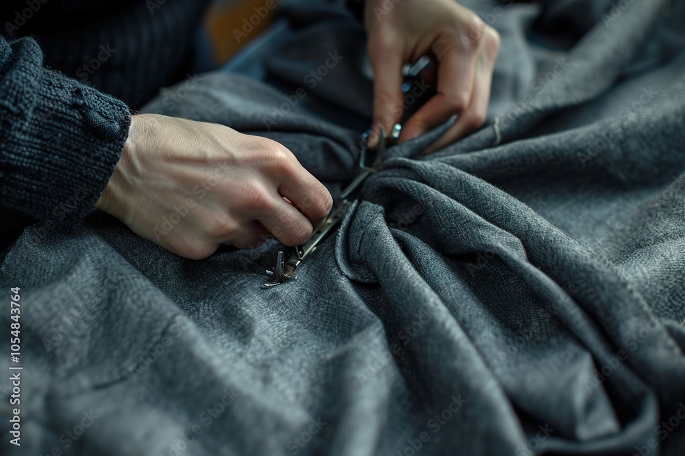 Fototapeta premium A person is cutting a piece of fabric with scissors