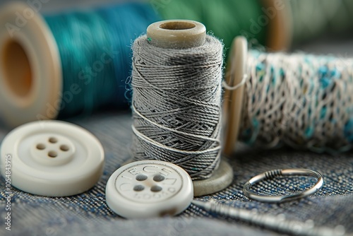 A white button is next to a spool of thread photo