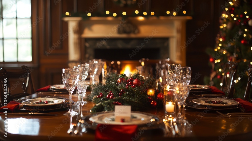 An elegantly set dining table with a holly and candle centerpiece, surrounded by festive plates and a glowing fireplace. An elegantly set dining table with a holly and candle centerpiece, surrounded by festive plates and a glowing fireplace.