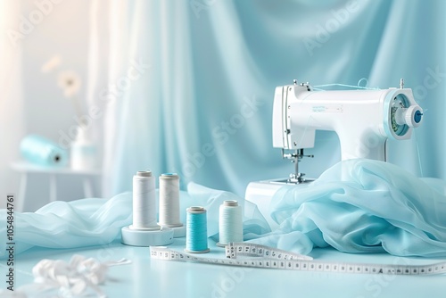 A sewing machine sits on a table with a blue curtain behind it photo