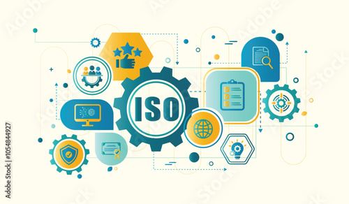 ISO standards quality control assurance warranty business technology concept. ISO web banner with icons vector illustrator infographic design.