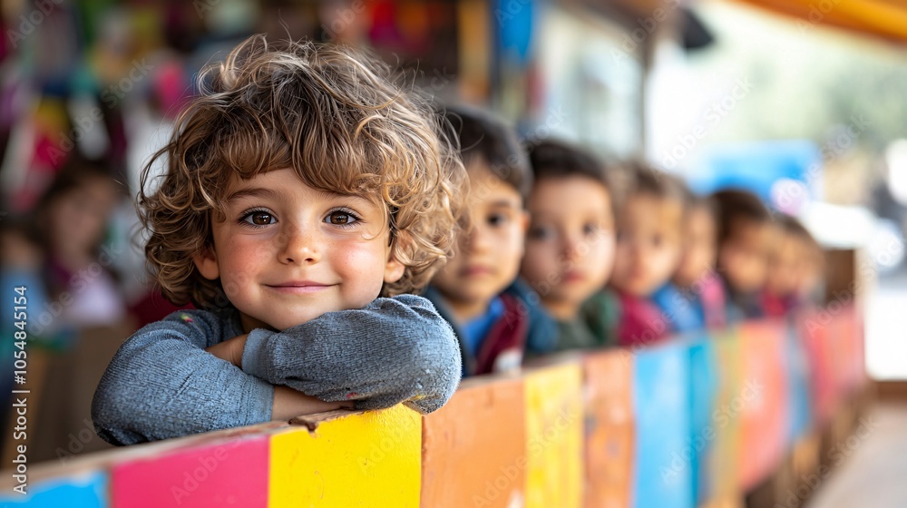 Happy Little Boy Smiling in Line with Other Kids at School or Playground Happy Little Boy Smiling in Line with Other Kids at School or Playground