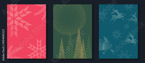 Luxury christmas invitation card art deco design vector. Christmas tree, snowflake, sleigh reindeer, spot texture on green, red and navy blue background. Design illustration for cover, print, poster.