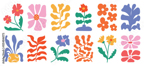 Botanical doodle background art vector set. Flower and leaves abstract shape doodle art design for print, wallpaper, clipart, wall art for home decoration.
