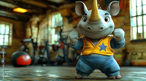 A powerful 3D cartoon rhino character wearing a wrestling outfit and flexing its muscles in a lively gym setting radiating strength and energy with ample copy space for text overlay