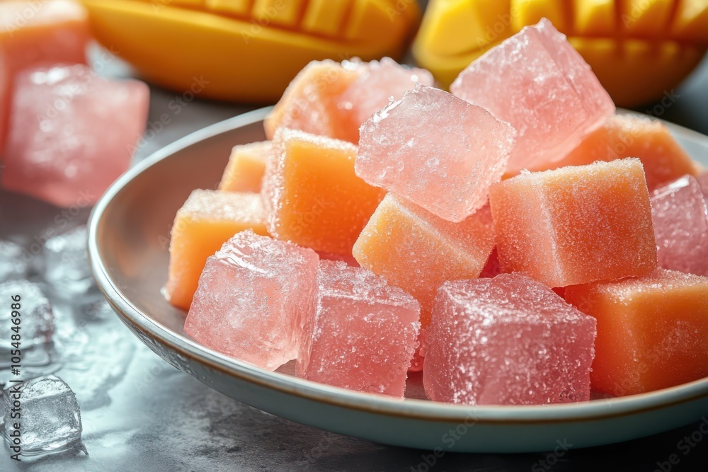 Irwin mango cubes with blush pink skin and juicy flesh for tropical desserts and summer refreshments Irwin mango cubes with blush pink skin and juicy flesh for tropical desserts and summer refreshments