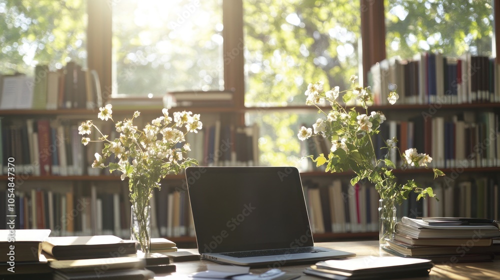 Laptop, Books, and Flowers in a Library Laptop, Books, and Flowers in a Library