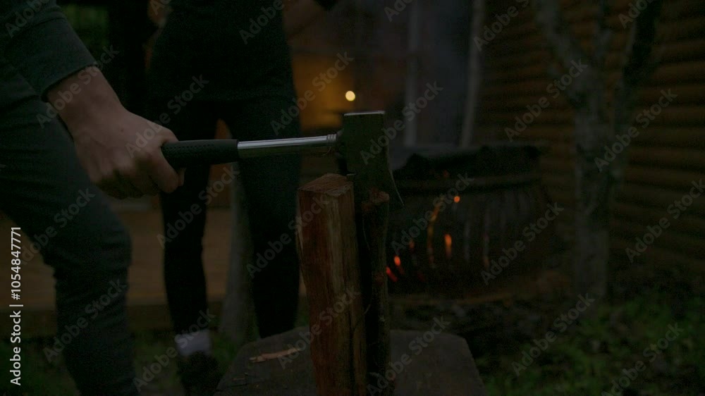 A slow motion clip of a log being cut with an axe. A slow motion clip of a log being cut with an axe.