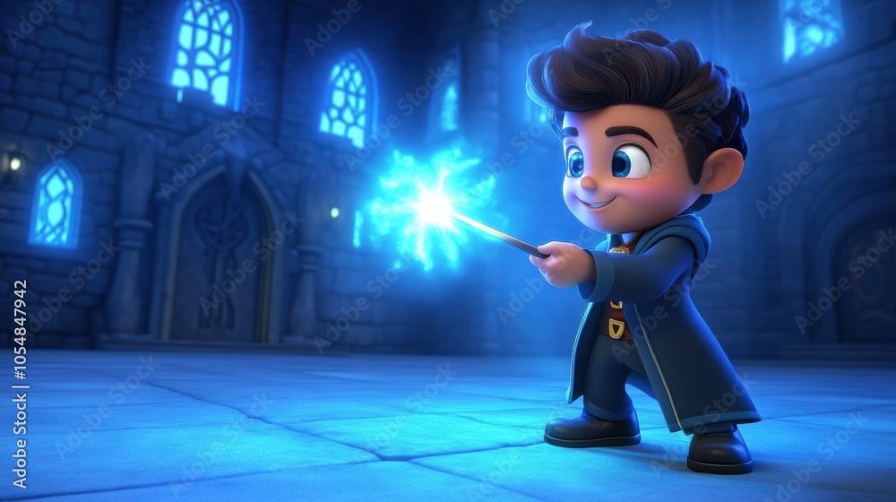 Fototapeta premium Young Wizard Casting Magic in Enchanted Castle