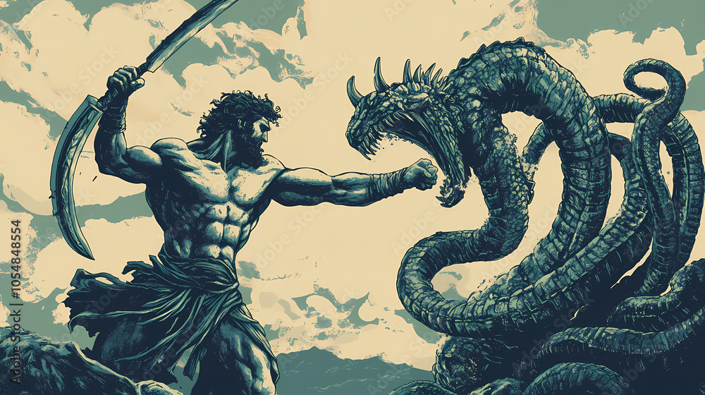 Fototapeta premium Hercules fighting a hydra, generative ai. Hydra in Combat. Illustration