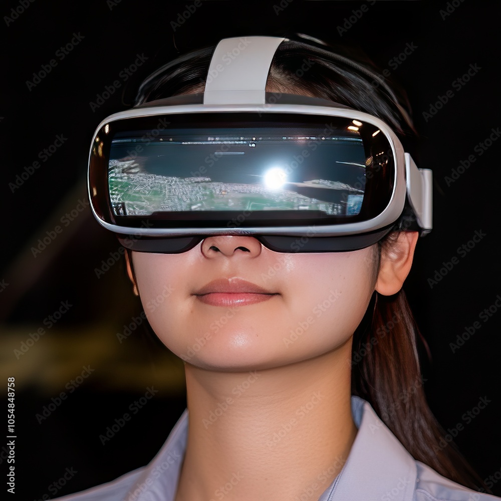 A person wearing VR goggles, immersed in a digital landscape experience.