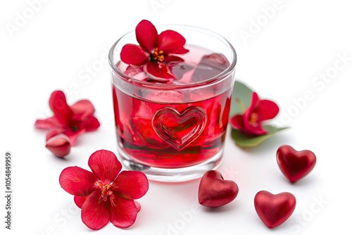 Valentine's day festive cocktail with flowers red heart on a festive white background with generative ai