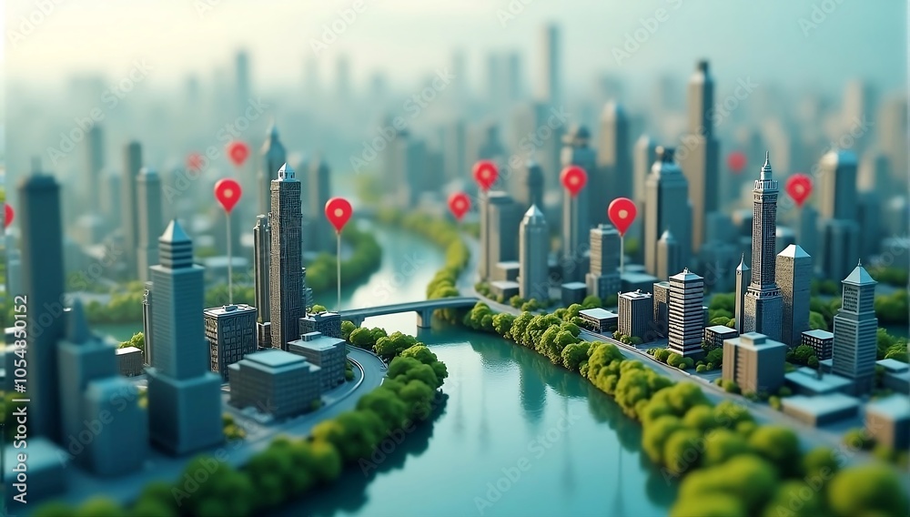 digital map with multiple red pins indicating locations in the city ...