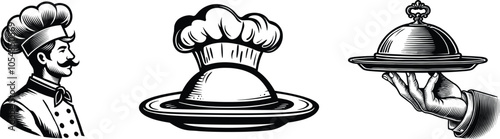 Set of chef, waiter's hand holding tray for hot dishes, and restaurant related element, vector illustration.