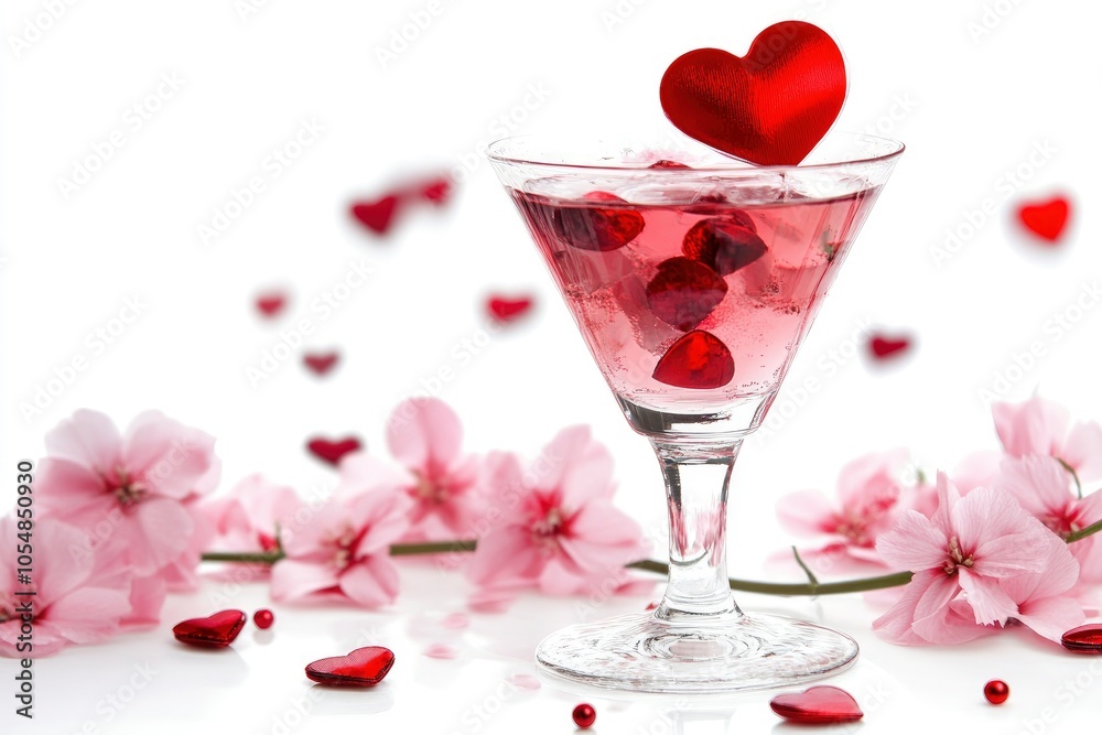 Valentine's day festive cocktail with flowers red heart on a festive white background with generative ai Valentine's day festive cocktail with flowers red heart on a festive white background with generative ai