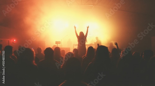 Silhouette of concert crowd in front of bright stage lights and smoke.