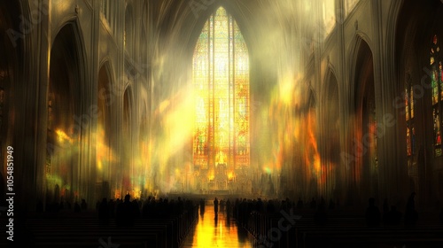 Holy place. Interior of a Cathedral filled with golden light. Digital painting. photo