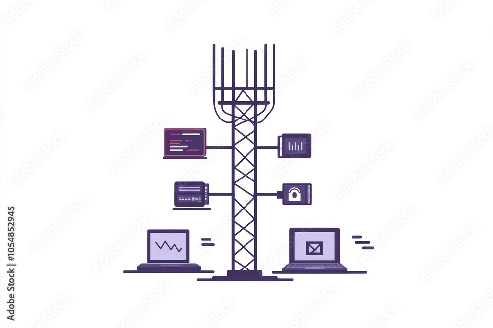 A 5G telecommunication icon showing a signal tower with multiple devices connected, symbolizing a comprehensive 5G network infrastructure. A 5G telecommunication icon showing a signal tower with multiple devices connected, symbolizing a comprehensive 5G network infrastructure.