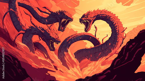 Hydra with multiple heads in fierce battle, regenerating limbs, ultimate challenge. Hydra in Combat. Illustration