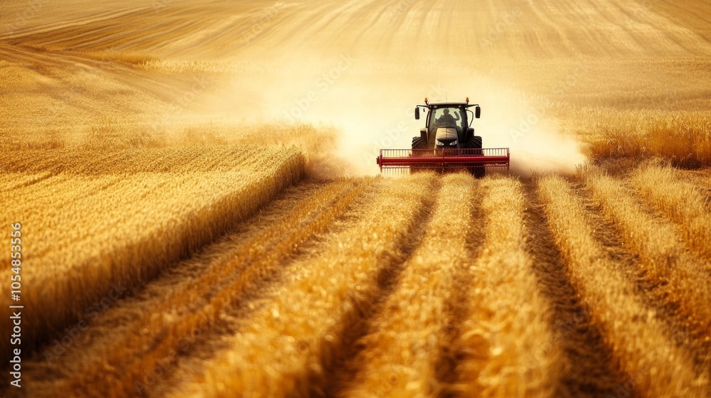 Obraz premium Dynamic Farmer Driving Tractor in Golden Field