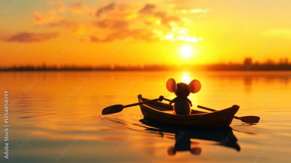 Toy Mouse in Rowboat at Sunset on Calm Water Toy Mouse in Rowboat at Sunset on Calm Water