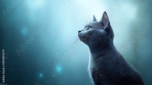 A majestic gray cat gazes thoughtfully into the ethereal mist capturing the beauty of feline grace in a serene atmosphere