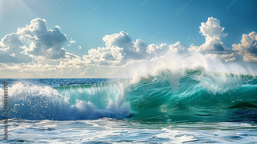 A large wave crashing on the ocean with a blue sky and a few clouds in the background. A large wave crashing on the ocean with a blue sky and a few clouds in the background.