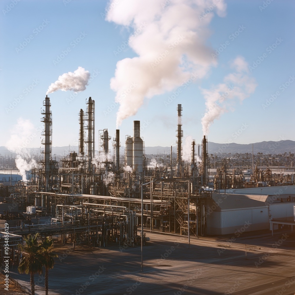 Obraz premium Busy Refinery Plant with Rising Steam