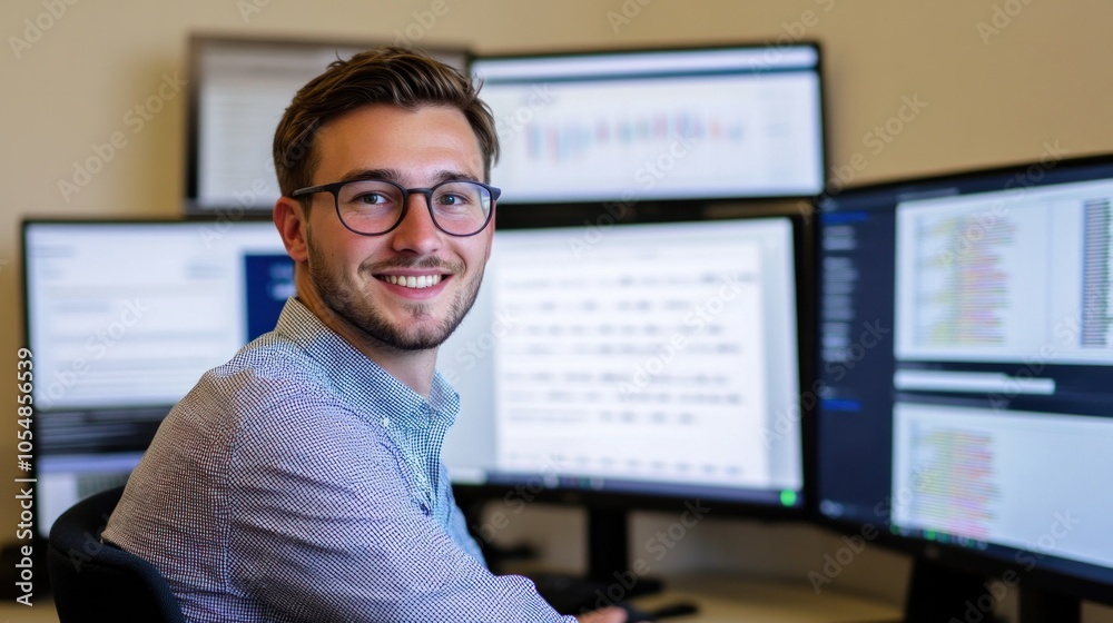 A network administrator monitoring server performance on multiple screens, highlighting the role in overseeing and managing network operations. A network administrator monitoring server performance on multiple screens, highlighting the role in overseeing and managing network operations.