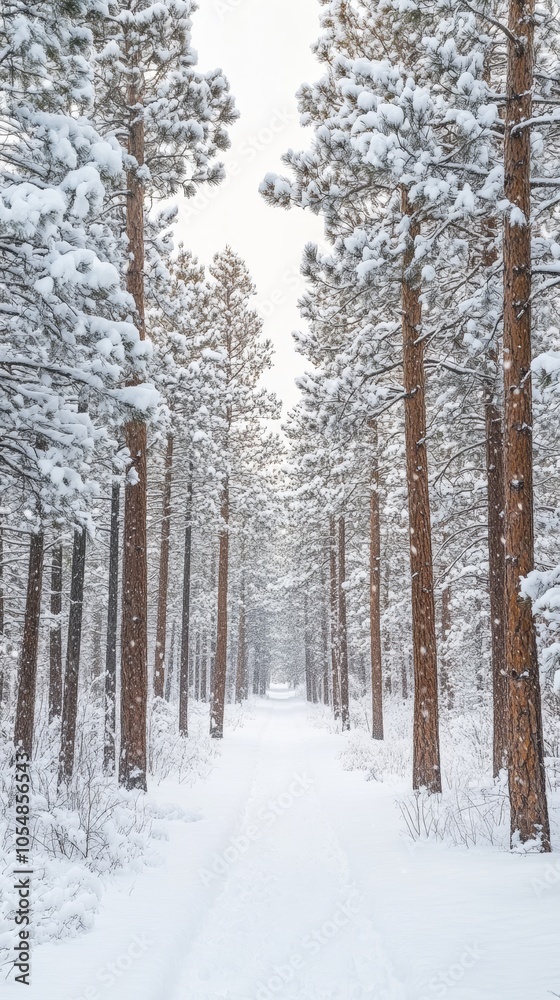 Snow-covered forest path lined with tall pine trees, tranquil winter scenery. Wilderness and serenity concept Snow-covered forest path lined with tall pine trees, tranquil winter scenery. Wilderness and serenity concept