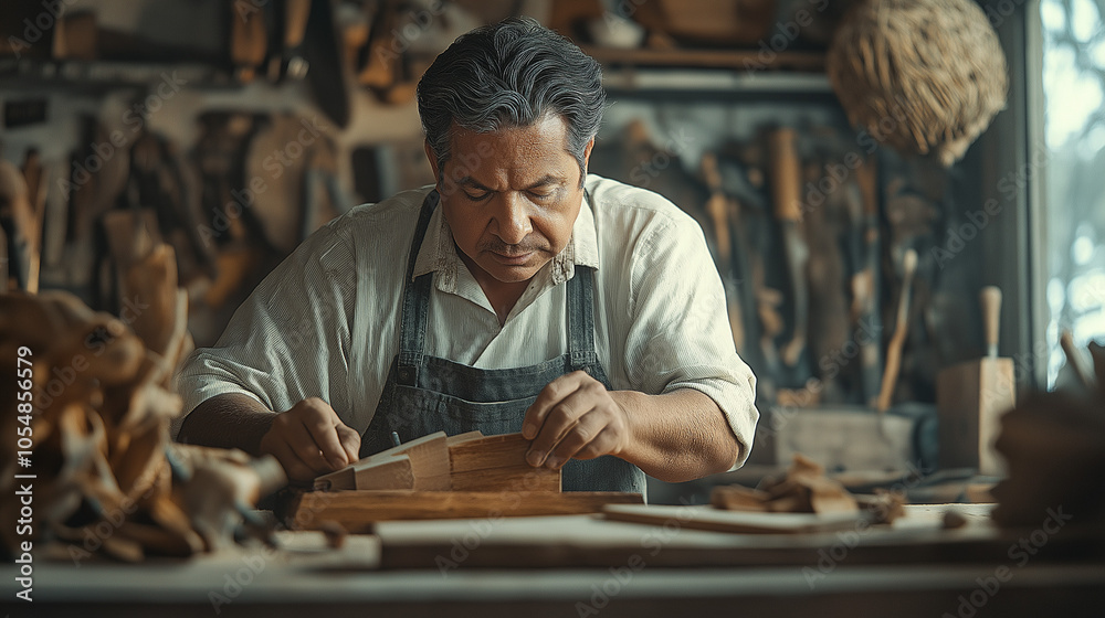 Experienced Artisan Sanding Wood in Traditional Workshop Experienced Artisan Sanding Wood in Traditional Workshop