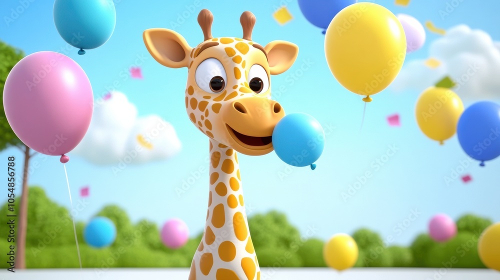 Naklejka premium Joyful Cartoon Giraffe with Colorful Balloons