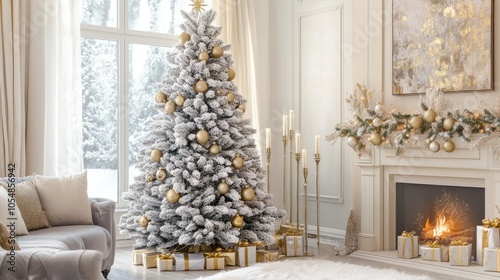 An elegant layout featuring a snowy Christmas tree, adorned with golden ornaments, bringing warmth and joy to any holiday celebration.