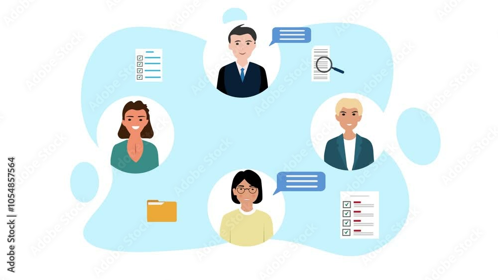Students network sharing document and talking Together. cartoon animation of person communication Students network sharing document and talking Together. cartoon animation of person communication