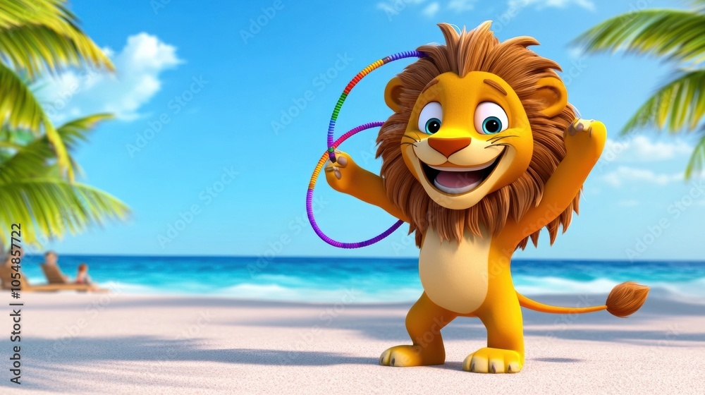 Cheerful Cartoon Lion on Beach with Hula Hoops Cheerful Cartoon Lion on Beach with Hula Hoops