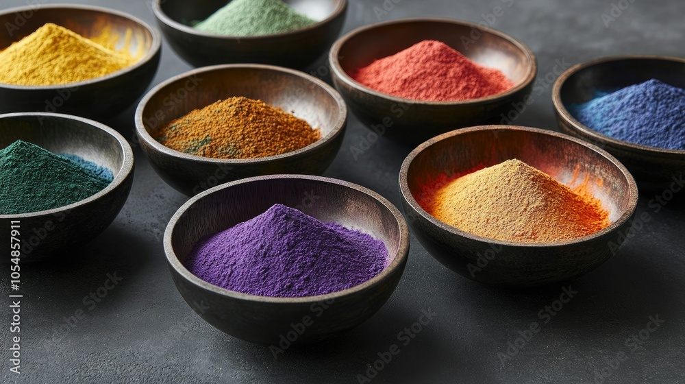 An eye-catching collection of bowls filled with vibrant powders, symbolizing festivity and celebration, perfect for capturing the essence of joy. An eye-catching collection of bowls filled with vibrant powders, symbolizing festivity and celebration, perfect for capturing the essence of joy.