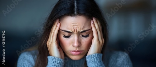 Closeup portrait of a young adult woman holding her head in her hands lost in deep thought and struggling with overwhelming feelings of stress anxiety and emotional pain