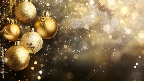 Elegant gold christmas baubles on a bokeh background,banner