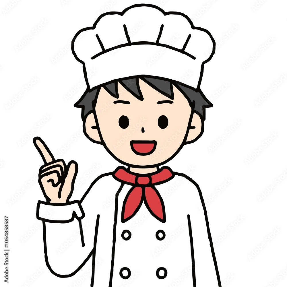 ガッツポーズをするパティシエの男性 ガッツポーズをするパティシエの男性