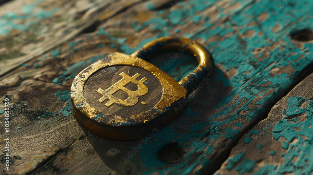 Antique Bitcoin Padlock on Rustic Wooden Surface Representing Security and Heritage Antique Bitcoin Padlock on Rustic Wooden Surface Representing Security and Heritage