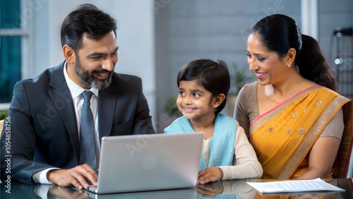 An Indian family filing an insurance claim with the help of an agent in an office.
 photo