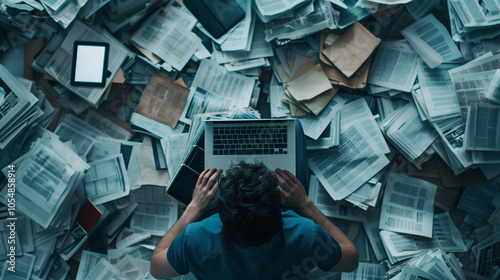 Overwhelmed Office Worker Surrounded by Piles of Paperwork and Files
