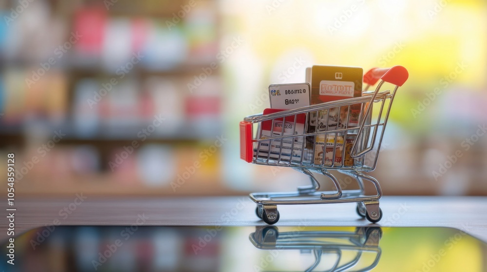 Online buying and checkout, showing a digital cart, product listings, and payment buttons on a phone screen