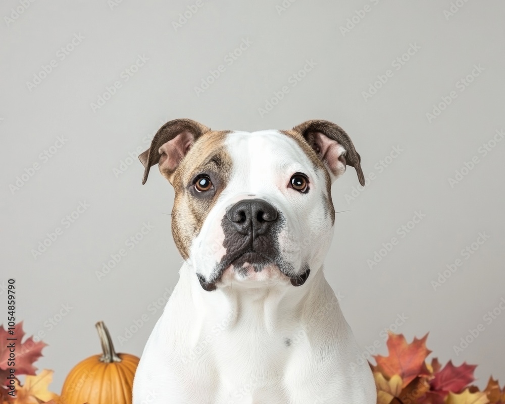 Proud Pit Bull in Autumn Setting with Pumpkins and Leaves - Ideal for Halloween and Thanksgiving Proud Pit Bull in Autumn Setting with Pumpkins and Leaves - Ideal for Halloween and Thanksgiving